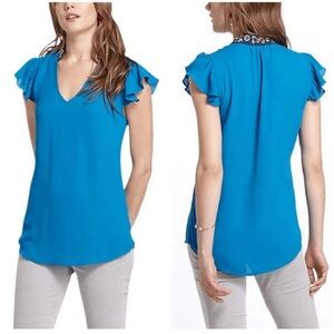 Anthropologie HD in Paris Flutter Sleeve Embroidered Collar Blue Top